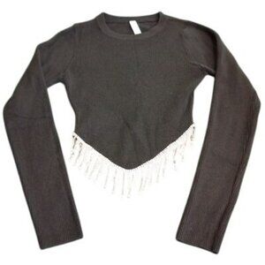 Top With Rhinestone Fringe Hem Black Ribbed Long-Sleeve Womens